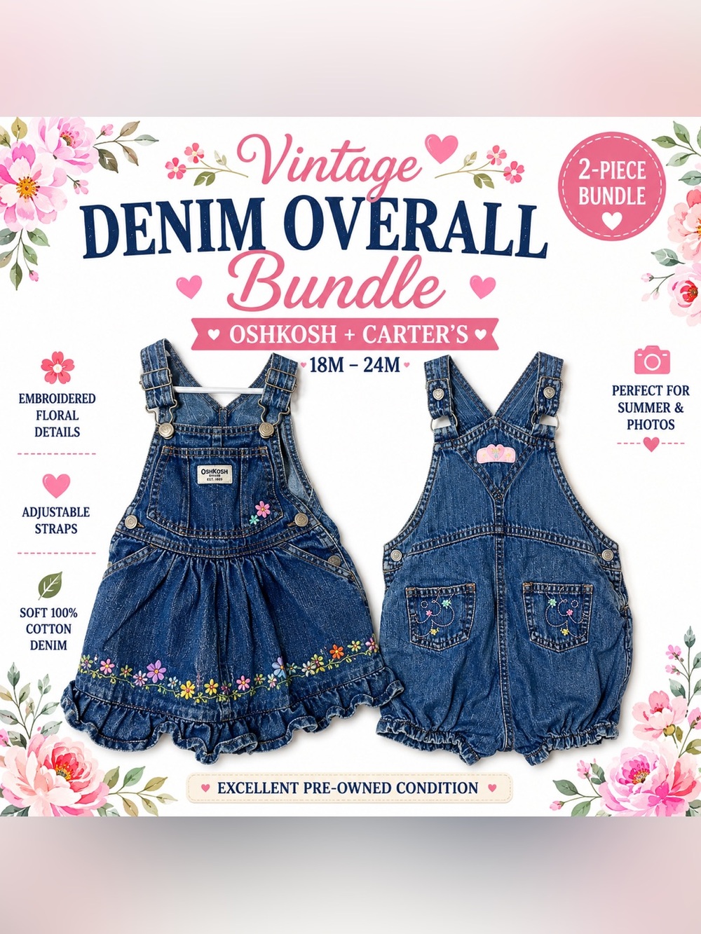 OshKosh B'gosh Denim Floral Embroidered Overalls - Bundle 2